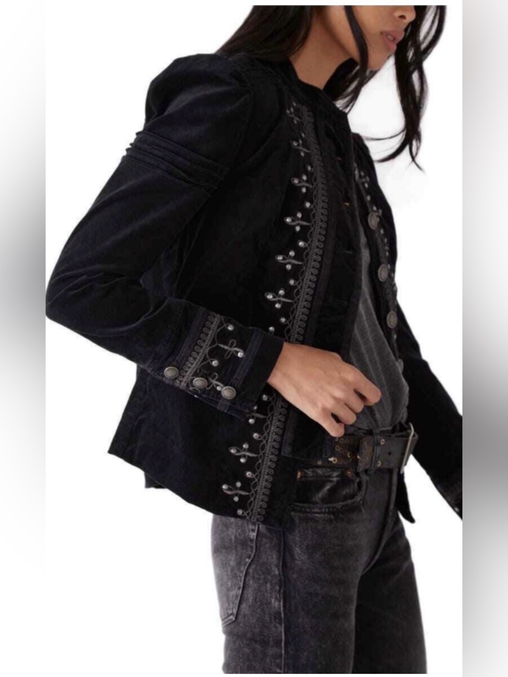 🦋 Free People Maven Embroidered Stretch-Velvet Jacket In Black - Picture 5 of 15